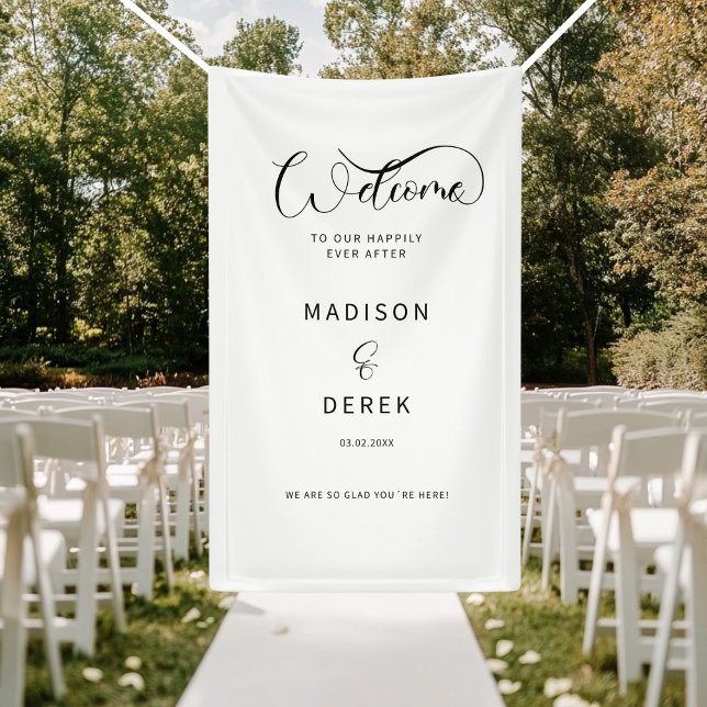 Herzlich willkommen bei uns! banner (Welcome to our happily ever after! White  Banner. Personalized with your name and date. )