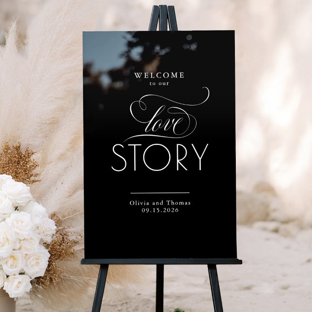 Herzlich willkommen bei unserer Liebe Story Black  Acrylschild (Black Wedding Welcome Sign "Welcome To Our Love Story")