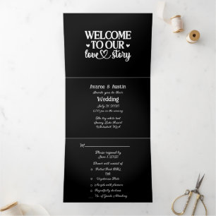 Herzlich willkommen bei unserer Liebe Story Black  Dreifach Gefaltete Einladung