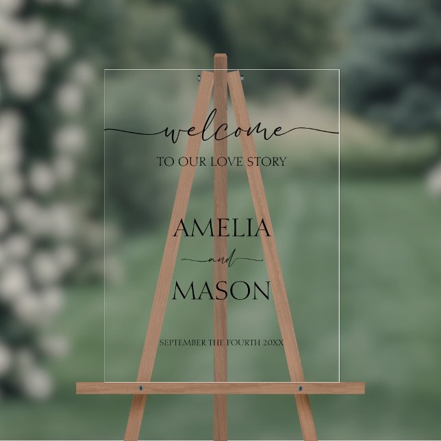 Herzlich Willkommen bei unserer Liebe Story Weddin Acrylschild (Clear acrylic simple minimalist wedding welcome sign with black text)