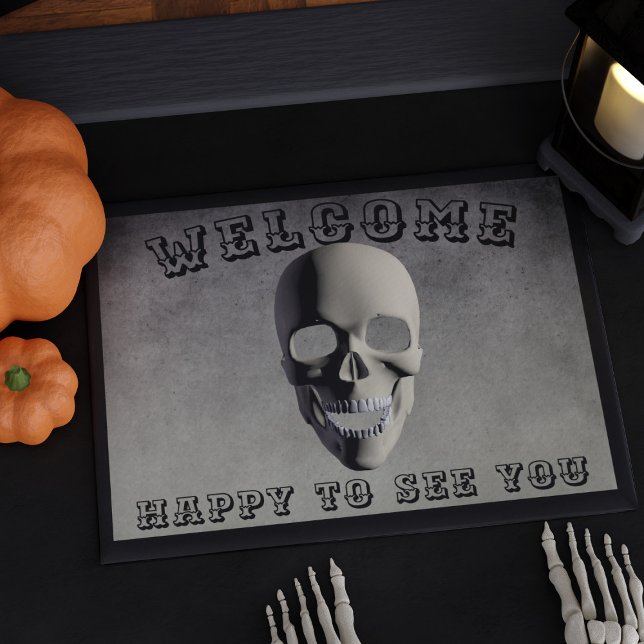 Herzlich willkommen, euch zu sehen Skull Spooky Ha Fußmatte (Welcome Happy to See You Skull Spooky Halloween Doormat with space for your text)