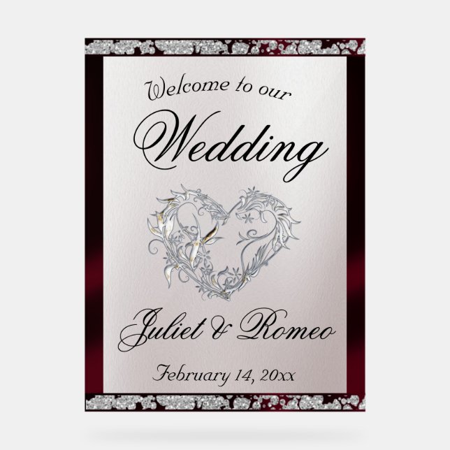 Herzlich willkommen in Burgund Ribbon & Sparkle Acrylschild (Vorderseite)