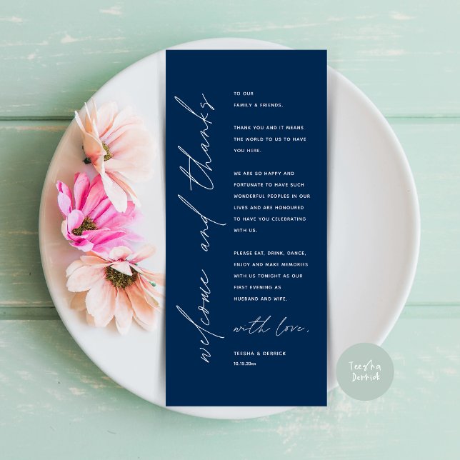 Herzlich Willkommen und vielen Dank für das Abende Programm (Welcome and Thanks, Wedding Dinner Place Setting Thank You Card in Modern Classy Navy Blue)