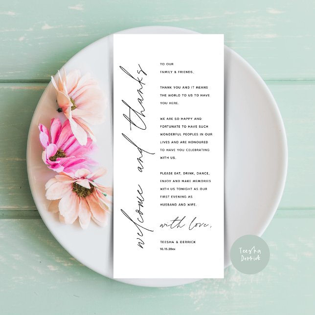 Herzlich Willkommen und vielen Dank für das Abende Programm (Welcome and Thanks, Wedding Dinner Place Setting Thank You Card in Modern Classy White Black)