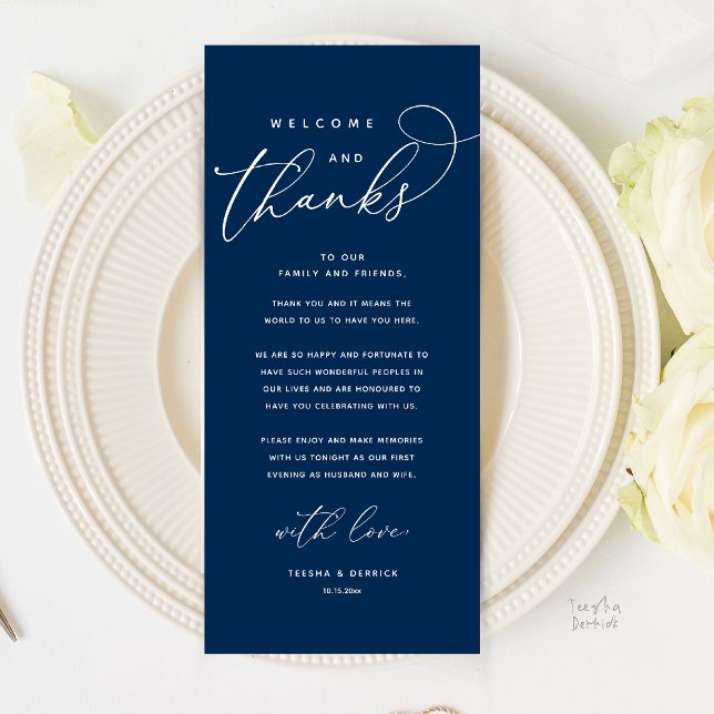 Herzlich willkommen und vielen Dank für das modern Programm (Welcome and Thanks, Modern Dinner Wedding Boho Reception Thank You Card in Navy Blue)