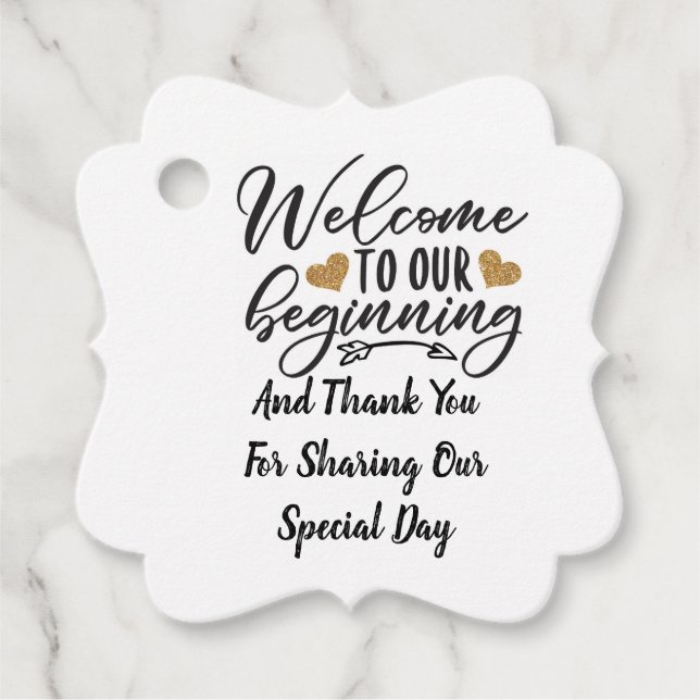 Herzlich willkommen zu unseren Anfängen Geschenkanhänger (Vorderseite)