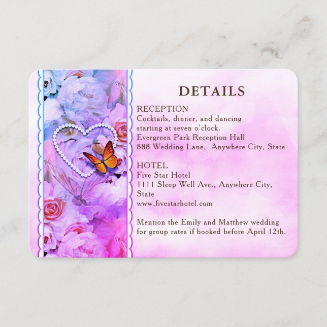 Herzliche florale Rosa Schmetterling Hochzeitsgäst Begleitkarte (Vorderseite)
