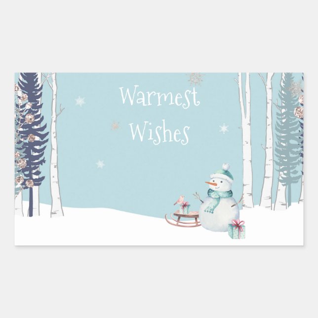 Herzliche Wünsche Schneemann mit Schlittenschnee A Rechteckiger Aufkleber (Vorderseite)