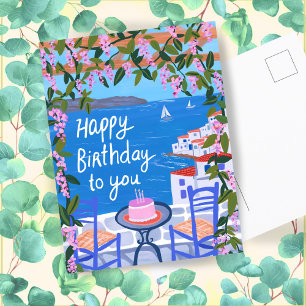 HERZLICHEN GEBURTSTAG Blumen Terrasse Griechische Postkarte