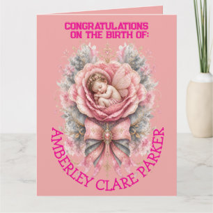 Herzlichen Glückwunsch Baby Fee Mädchen Pink Rose  Karte
