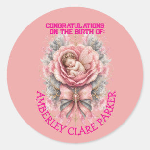 Herzlichen Glückwunsch Baby Fee Mädchen Pink Rose  Runder Aufkleber