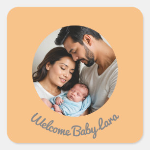 Herzlichen Glückwunsch Baby peach Willkommensgruss Quadratischer Aufkleber