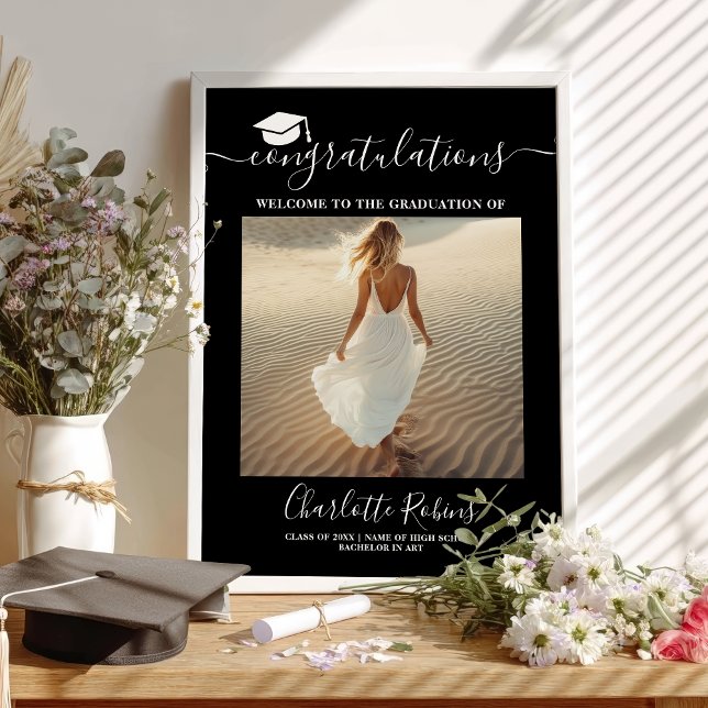 Herzlichen Glückwunsch Boho Abschluss Begrüßung Fo Poster (Congratulations Boho Graduation Welcome Photo Sign)