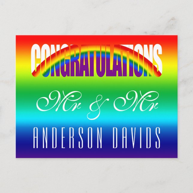 Herzlichen Glückwunsch Gay Couple Bright Rainbow F Postkarte (Vorderseite)