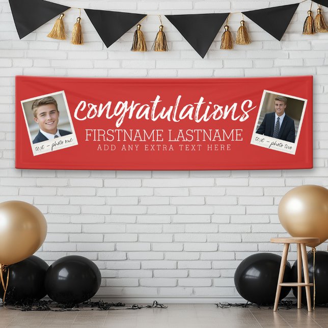 Herzlichen Glückwunsch Graduate 2 Foto Collage RED Banner (Custom Graduation Banner with 2 Photos)