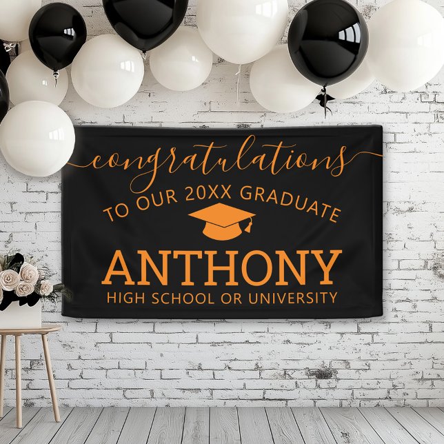 Herzlichen Glückwunsch Graduate Black Orange Cap V Banner (Custom Graduation Banner for a Grad Party or Open House)