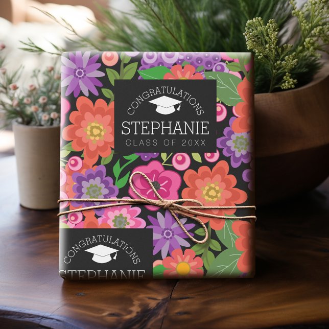 Herzlichen Glückwunsch Graduate Girly Blume Abschl Geschenkpapier (Personalized Graduation Wrapping Paper)