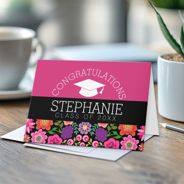 Herzlichen Glückwunsch Graduate Girly Blume Abschl Karte (Custom, Personalized Graduation Congratulations - Folded Greeting Card)
