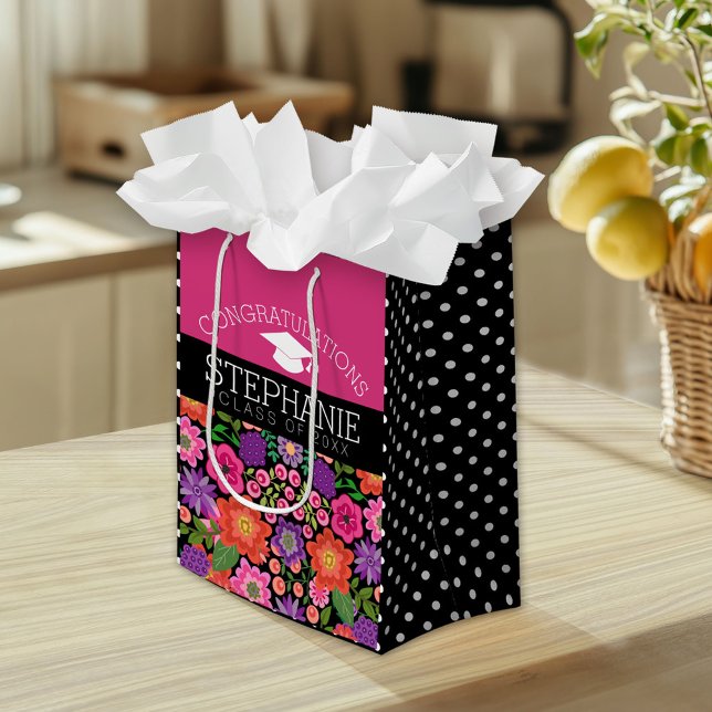 Herzlichen Glückwunsch Graduate Girly Blume Abschl Mittlere Geschenktüte (Custom Gift Bag)