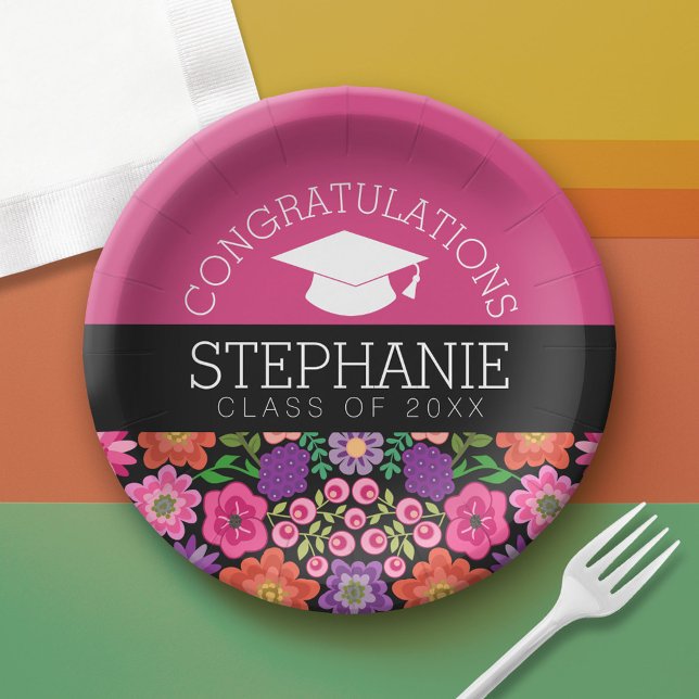 Herzlichen Glückwunsch Graduate Girly Blume Abschl Pappteller (Custom Graduation Paper Plate)