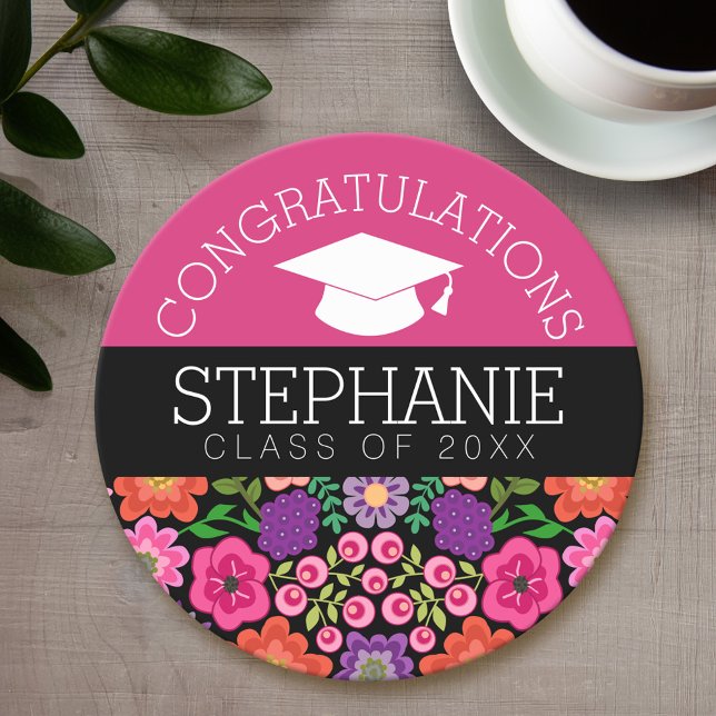 Herzlichen Glückwunsch Graduate Girly Blume Abschl Runder Pappuntersetzer (Personalized coaster - Graduation Party)