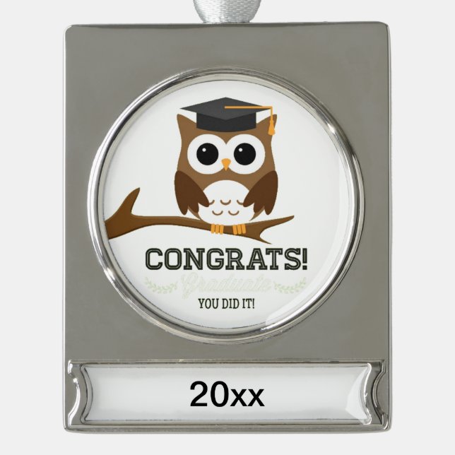 Herzlichen Glückwunsch Graduate Owl Banner-Ornament Silber (Vorderseite)