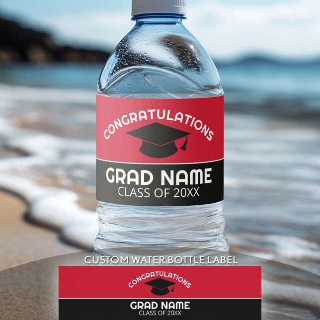 Herzlichen Glückwunsch Graduate - Red Black Abschl Wasserflaschenetikett (Custom Graduation Water Bottle Label)