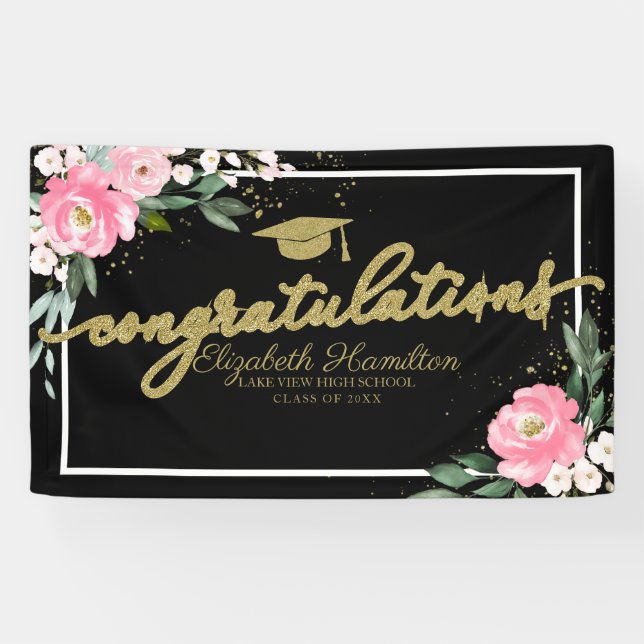 Herzlichen Glückwunsch Hot Pink Floral Graduation  Banner (Horizontal)