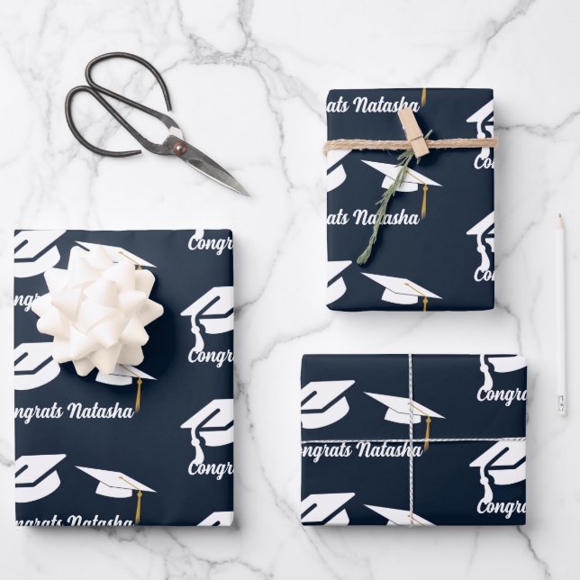 Herzlichen Glückwunsch Navy Blue Abschluss feiern Geschenkpapier Set (Vorderseite)