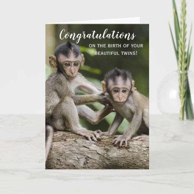Herzlichen Glückwunsch Neue Baby Twins Monkey Card Karte (Vorderseite)