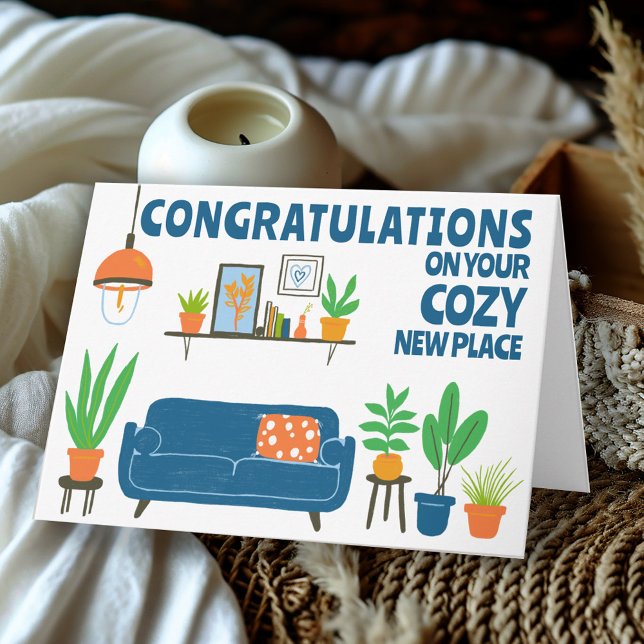 Herzlichen Glückwunsch Neue Zuhause Gemütliches Ni Karte (Congratulations New Home Cozy Cute Living Room Custom Housewarming Colorful Whimsical Greeting Card
)