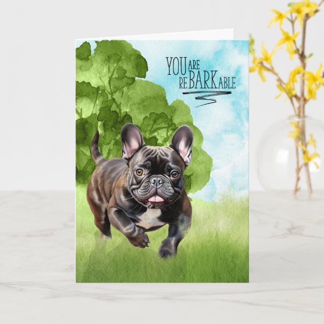 Herzlichen Glückwunsch reBARKable Brindle Französi Karte (Gelbe Blume)