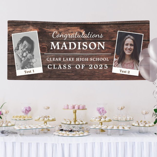 Herzlichen Glückwunsch Rustic Wood Abschluss 2 - F Banner (Congratulations banner for grad with custom text with childhood photo and recent photo on either sid)