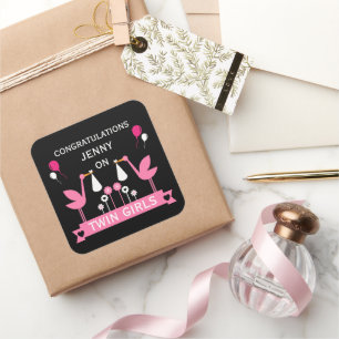 Herzlichen Glückwunsch Stalk Delivery Twin Girls Quadratischer Aufkleber