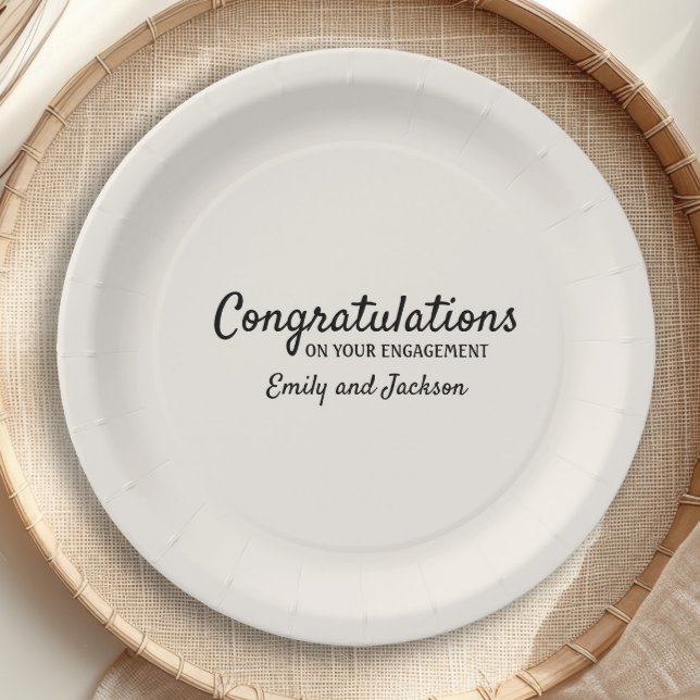 Herzlichen Glückwunsch Verlobung Script Name Cream Pappteller ("Congratulations on your engagement" custom paper plates)