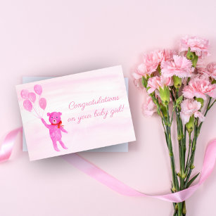 Herzlichen Glückwunsch Watercolor Pink Teddy Bear  Karte