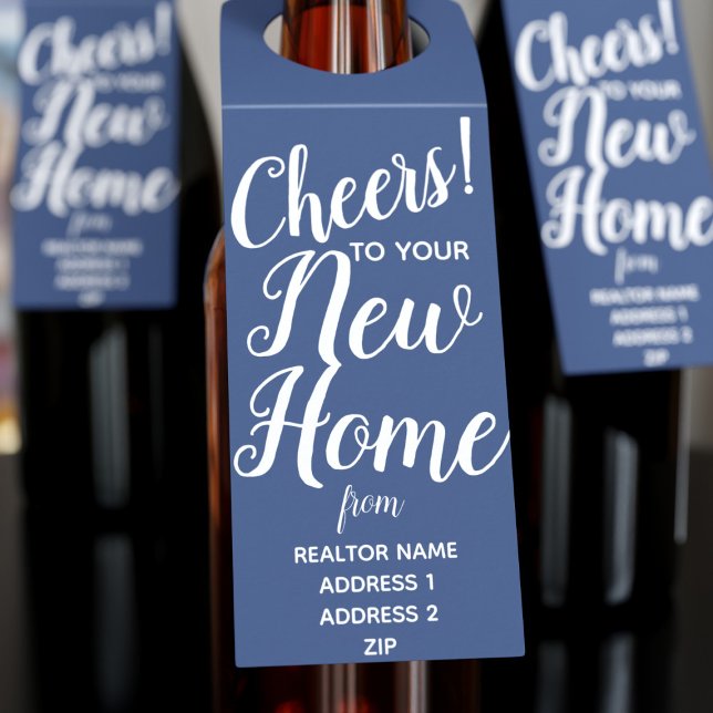 Herzlichen Glückwunsch zu Ihrem neuen Zuhause Real Flaschenanhänger (Cheers to the New Home Hanger tag with space for your realtor name and address)