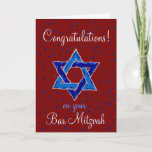 Herzlichen Glückwunsch zu Ihrer Bar Mitzvah Karte<br><div class="desc">Herzlichen Glückwunsch zu Ihrer Bar Mitzvah Mazel Tov rot und blau Star von David Grußkarte von DatesduJour.</div>