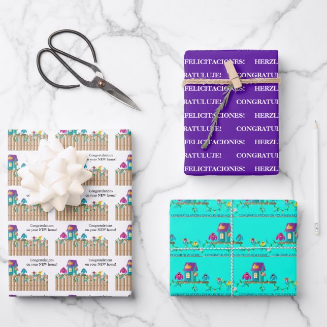 Herzlichen Glückwunsch zum neuen Zuhause Birds Mov Geschenkpapier Set (Vorderseite)