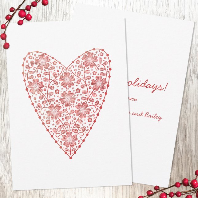 Herzlicher skandinavischer Winterurlaub in Rot Mitteilungskarte (Scandinavian folk style red and white floral heart Christmas note cards with custom text and names)