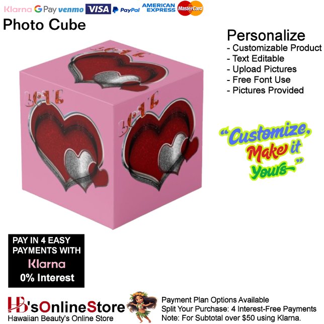 Herzmagic Pink Foto Cube Würfel (Love Heart Red Silver with Pink Background Cube.)
