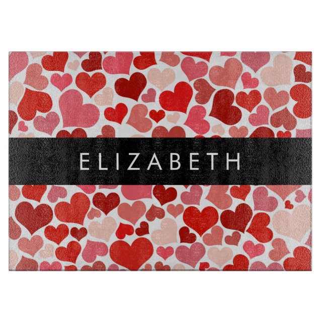 Herzmuster, rote Herzen, Liebe, Ihr Name Schneidebrett (Vorderseite)