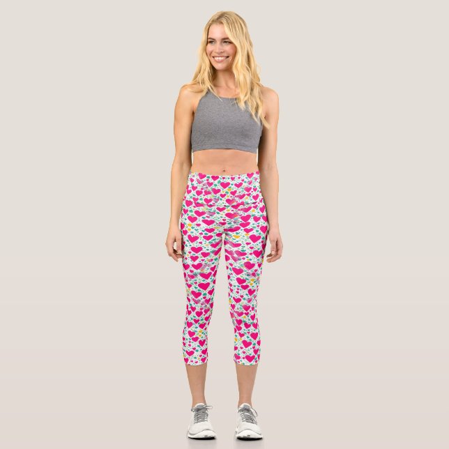 Herzmuster und grüne Blätter Capri Leggings (Vorderseite)