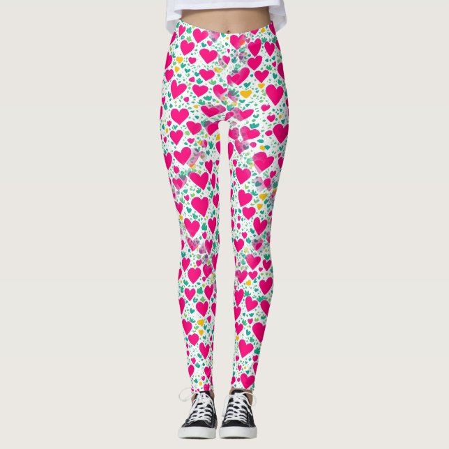 Herzmuster und grüne Blätter Leggings (Vorderseite)