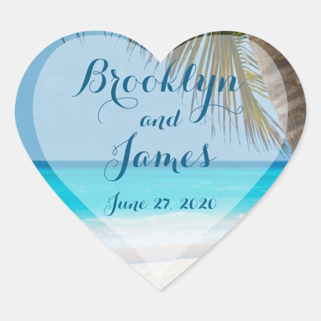 Herzpalmenbäume am Strand Hochzeitsticker Herz-Aufkleber (Vorderseite)