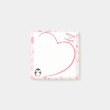 Herzrahmen und Kawaii-Pinguin rosa Post-it-Notizen