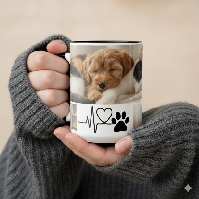Herzschlag-Pfotenabdruck-Haustier-Fotomug Zweifarbige Tasse (Heartfelt paw print heartbeat mug for a rescue dog mom — perfect adoption day gift idea.)