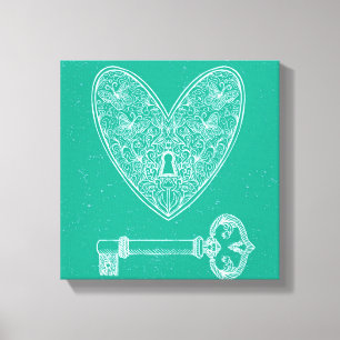 Herzschlag und Schlüssel zum grünen Hintergrund Leinwanddruck
