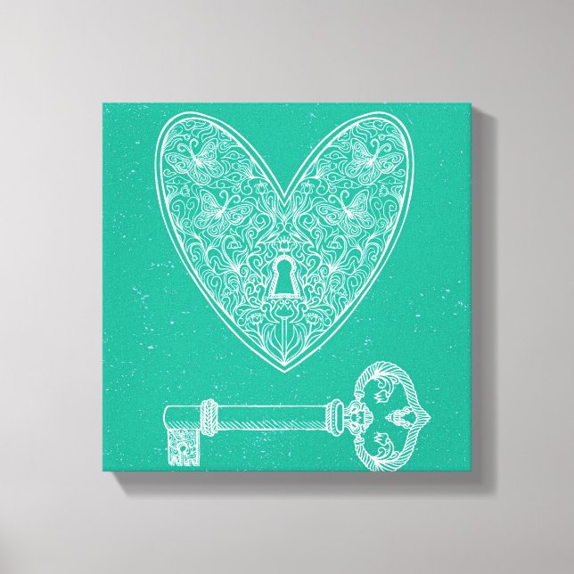 Herzschlag und Schlüssel zum grünen Hintergrund Leinwanddruck (Vorderseite)