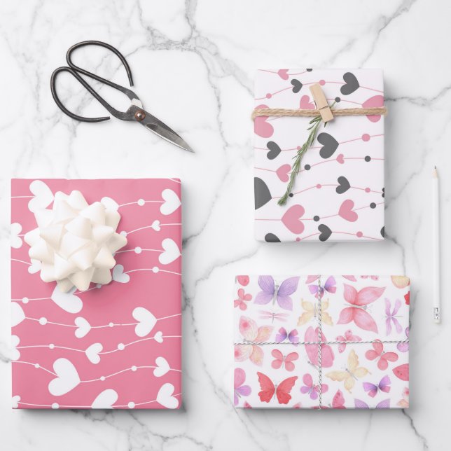 Herzschmetterlinge Rosa Weiß Grau Geschenkpapier Set (Vorderseite)